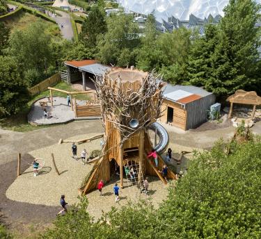 Aerial view of a giant 'Tree of Life' climbing tower for children